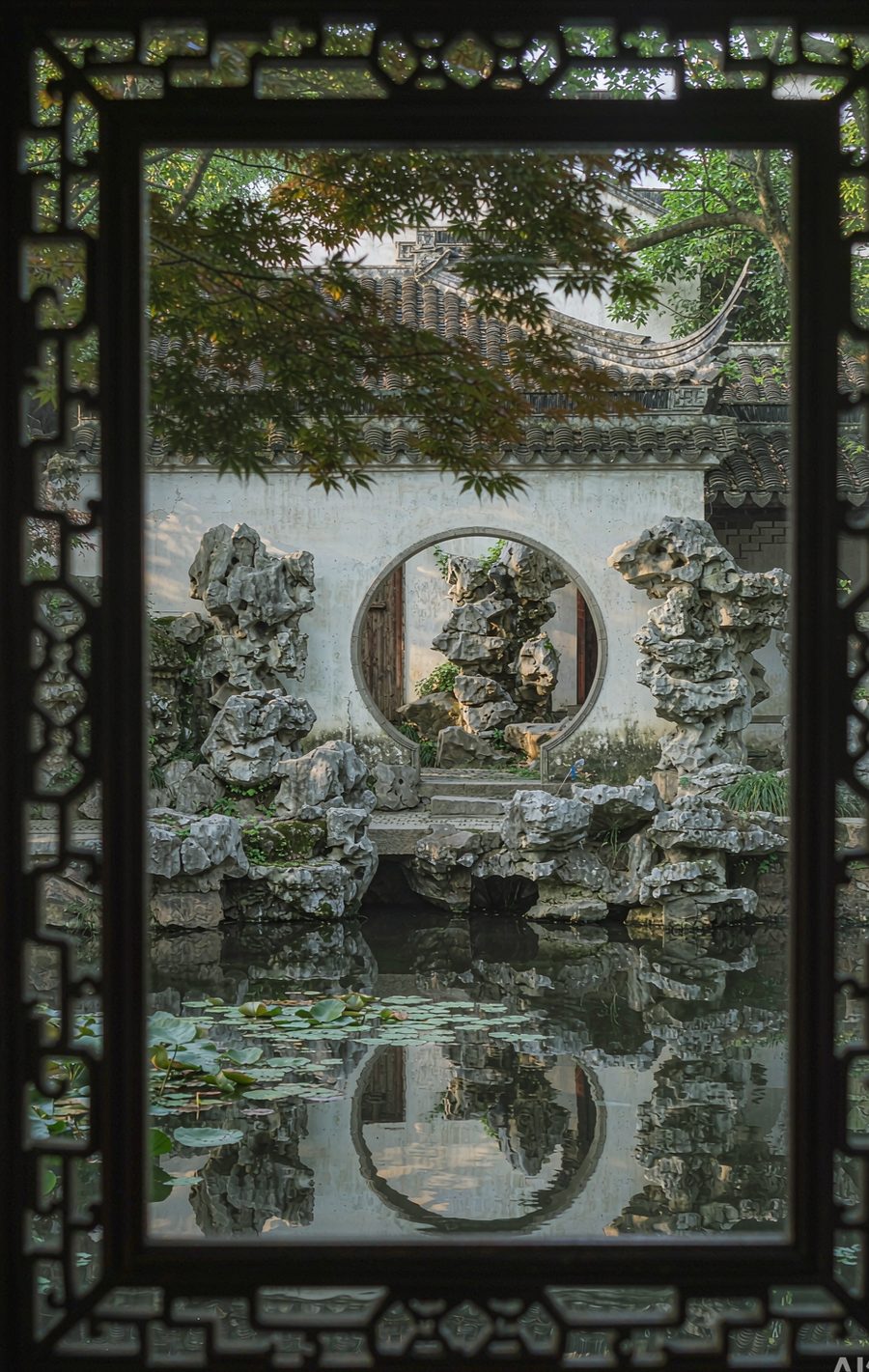 蘇州の庭園、窓越しの月洞門